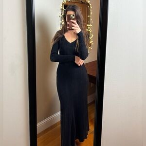 Anna Quan Jacqueline Black ribbed knit Maxi Dress long sleeve v-neck mermaid